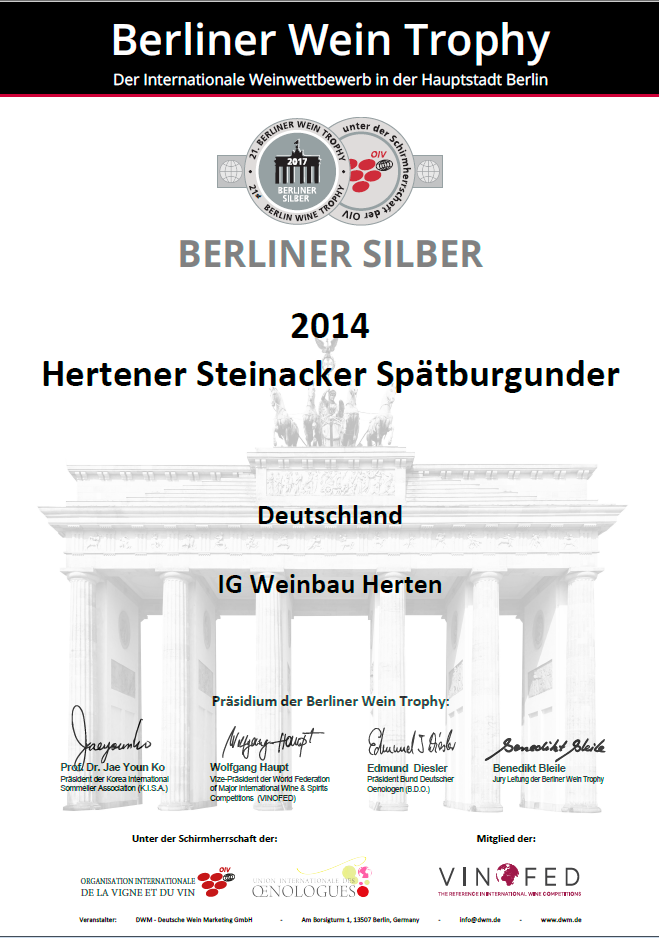 Silbermedaille für den Hertener Steinacker Spätburgunder Jahrgang 2014