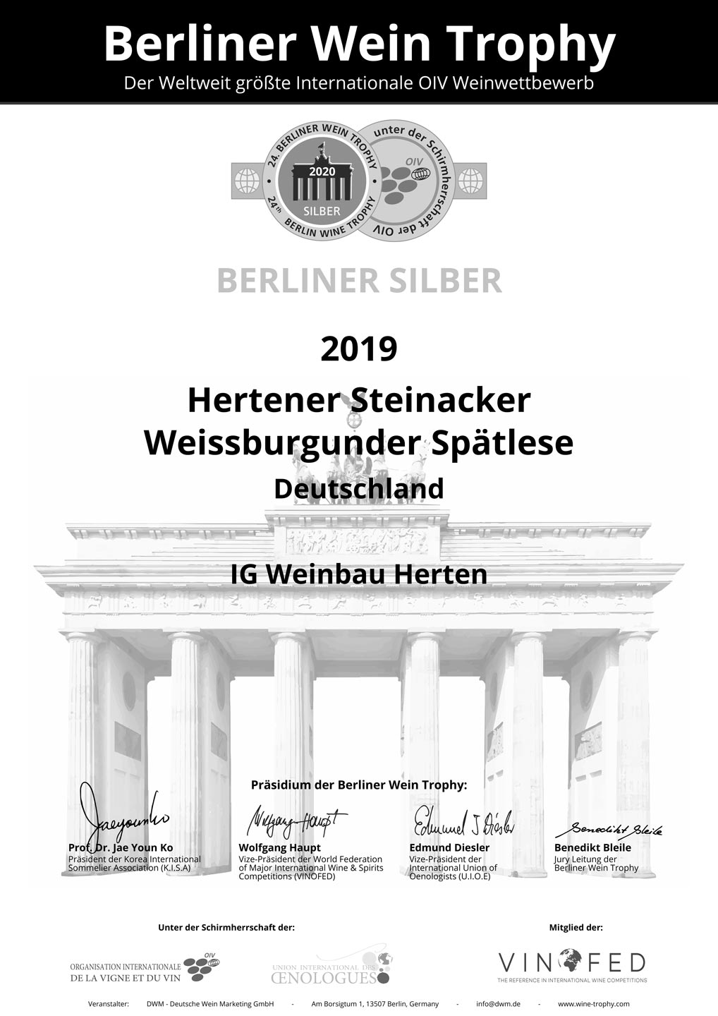 Silbermedaille für Hertener Steinacker Weissburgunder Spätlese Jahrgang 2019