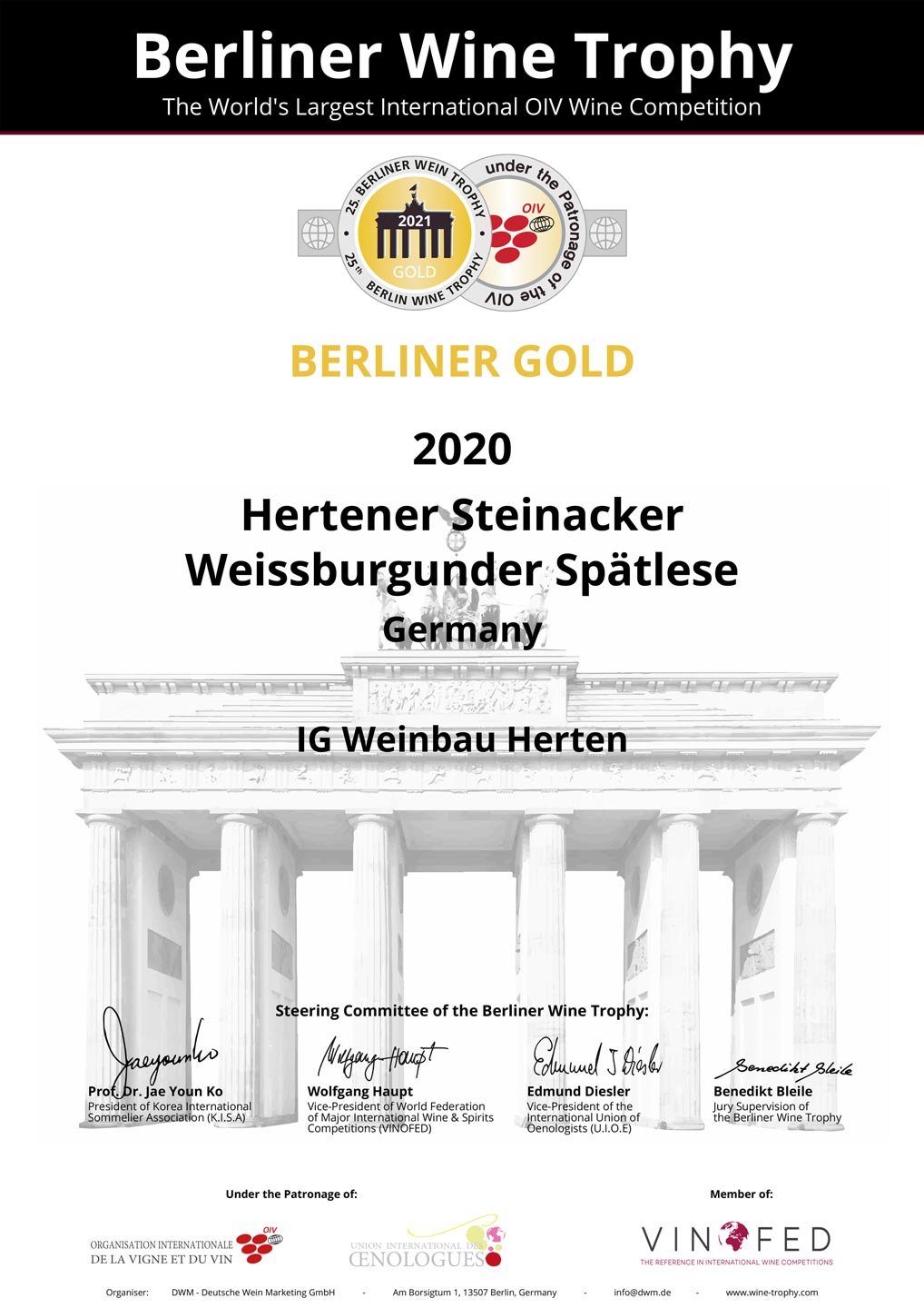 Goldmedaille für Hertener Steinacker Weissburgunder Spätlese Jahrgang 2020