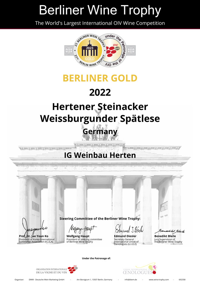 Goldmedaille für Hertener Steinacker Weissburgunder Spätlese Jahrgang 2022
