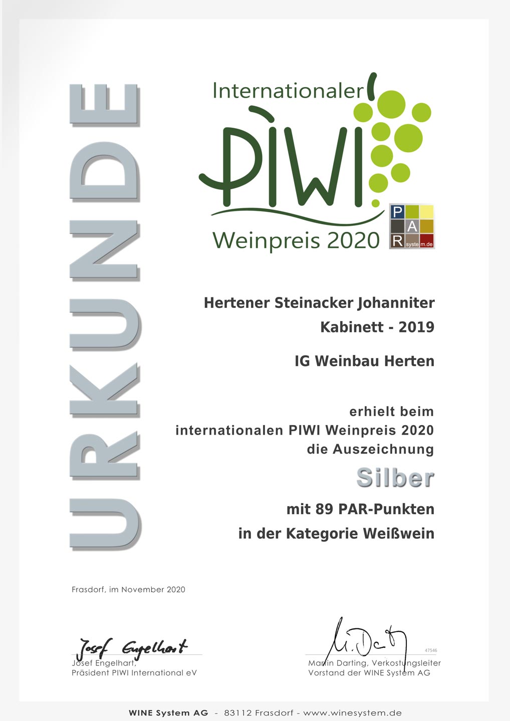 Silber beim internationalen PIWI Weinpreis 2020 für Hertener Steinacker Johanniter Kabinett 2019
