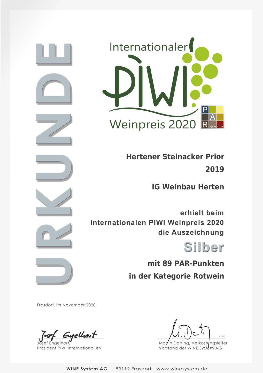 Silber beim internationalen PIWI Weinpreis 2020 für Hertener Steinacker Prior 2019