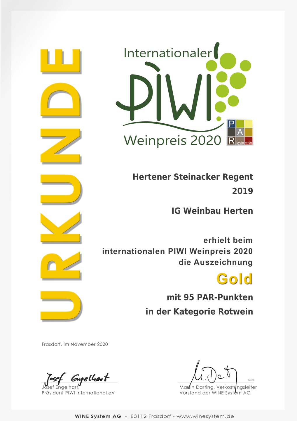 Gold beim internationalen PIWI Weinpreis 2020 für Hertener Steinacker Regent 2019